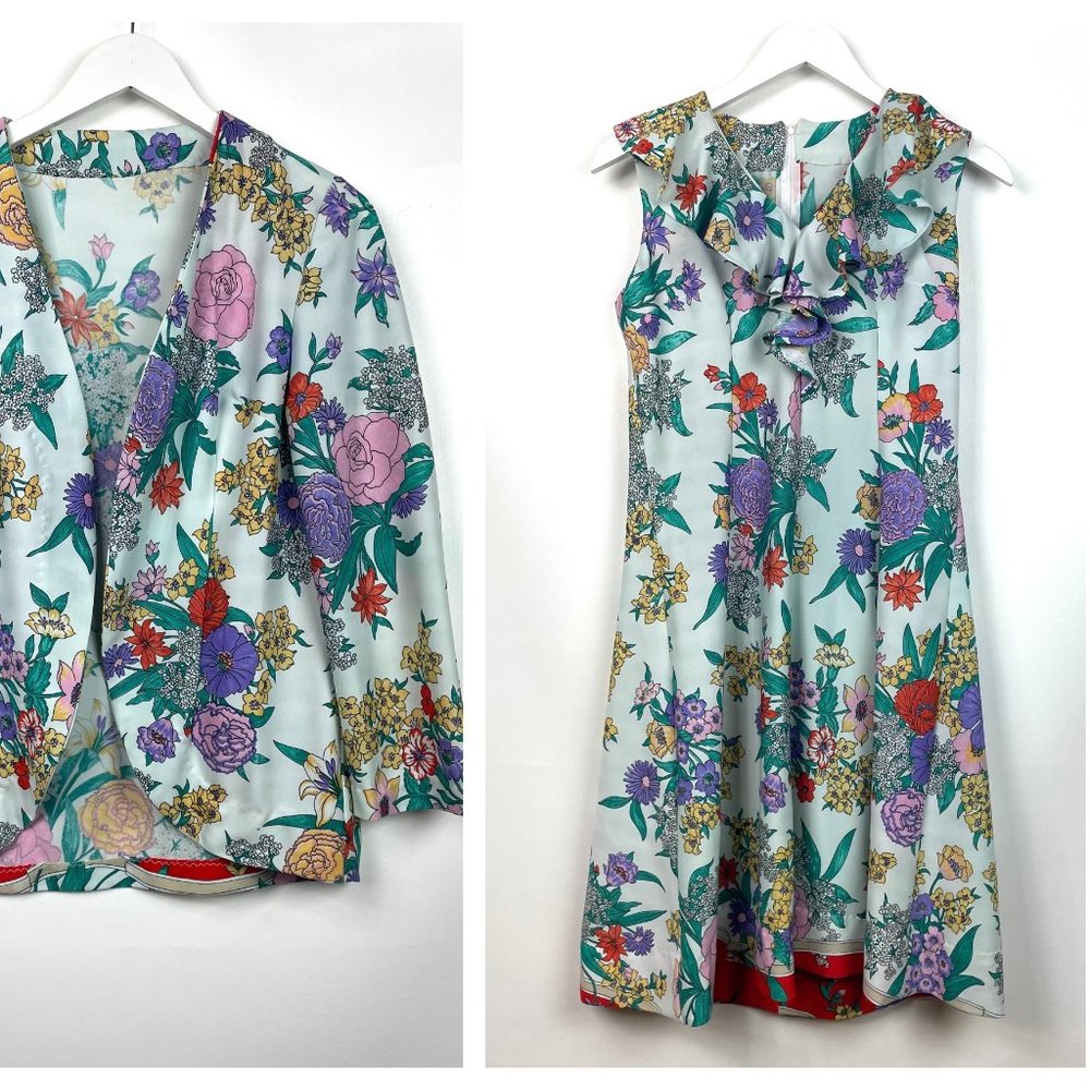 Vintage 70s Women's Light Blue Floral Summer Dress